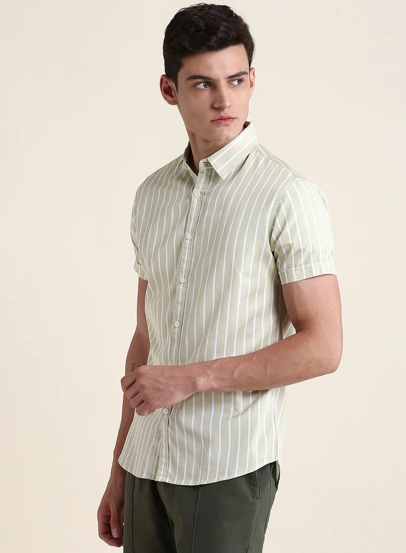 Dennis Lingo Beige Slim Fit Cotton Striped Shirt for Men - Spread Collar, Full Sleeves, Casual,