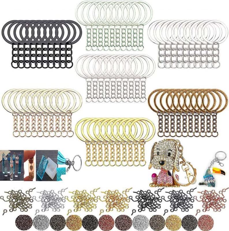 DIY Crafts Qty 5 Pcs, Silver, 5 Pcs, Split Key Ring with Chain Set, Metal Flat Keychain Rings Open Jump Rings and Screw Eye Pins Bulk, Colors Choice, for R (Qty 5 Pcs, Silver) - Image 1