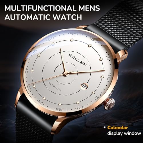 SOLLEN Automatic Self Winding Watches for Men, Mens Automatic Watch, Mechanical Stainless Steel 3 ATM Waterproof Luminous Luxury Dress Men's Wrist Watches with Calendar, Minimalist Watch Gifts for Men - Image 2
