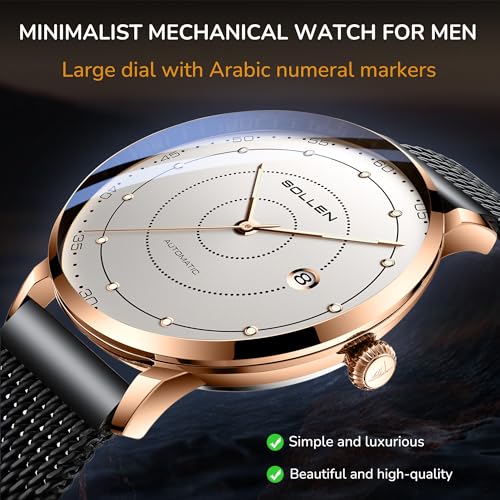 SOLLEN Automatic Self Winding Watches for Men, Mens Automatic Watch, Mechanical Stainless Steel 3 ATM Waterproof Luminous Luxury Dress Men's Wrist Watches with Calendar, Minimalist Watch Gifts for Men - Image 3