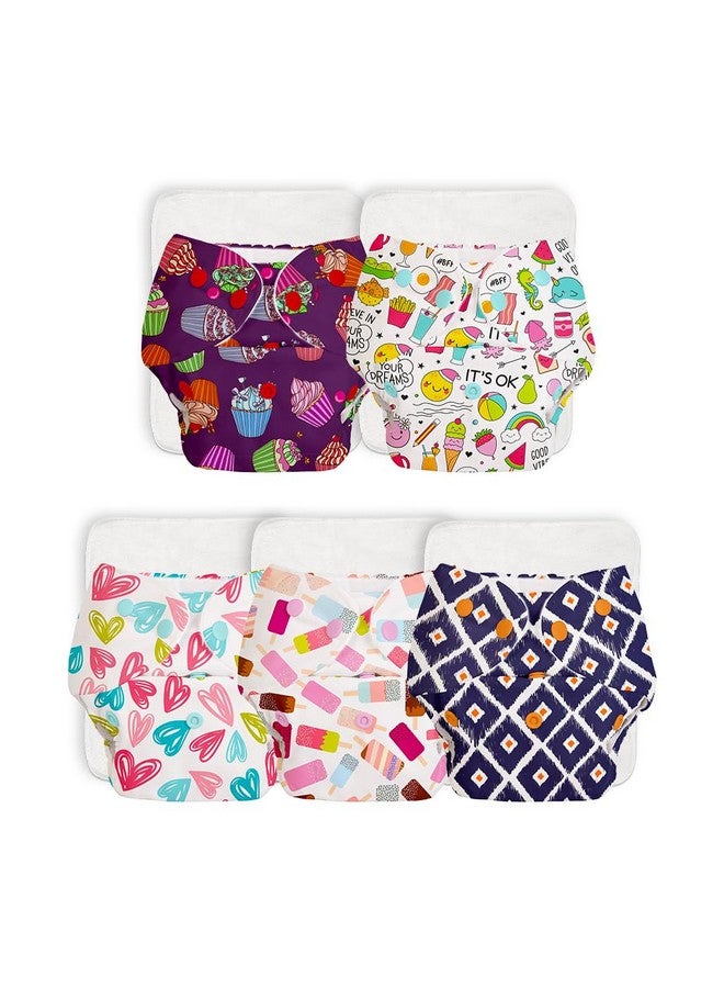 SuperBottoms BASIC Pack of 5 Freesize Adjustable, Washable and Reusable Cloth Diaper for babies 0-3 Years | One Size Adjustable Diapers (Pack of 5 diapers+ 5 inserts) Assorted prints - Image 1