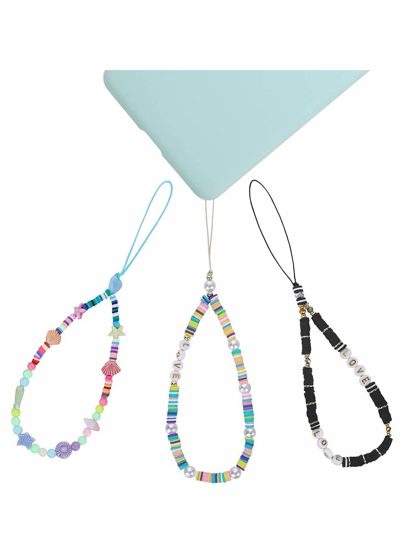 Colorful Beaded Phone Charm Lanyard Wrist Strap with Shell, Starfish, Pearl, and Letter Polymer Clay Beads - 3Pcs Rainbow Acrylic Bead Keychain Bracelet for Phones and Accessories. - Image 4