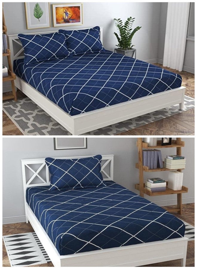 Precise Fabrics Combo Pack of 2 Elastic Fitted Bedsheet 1 for Double Bed and 1 for Single Bed of Same Print 200TC(Blue White LINE) - Image 1