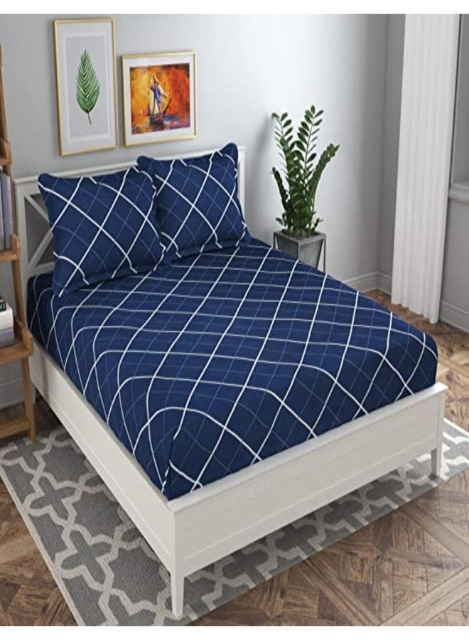 Precise Fabrics Combo Pack of 2 Elastic Fitted Bedsheet 1 for Double Bed and 1 for Single Bed of Same Print 200TC(Blue White LINE) - Image 2