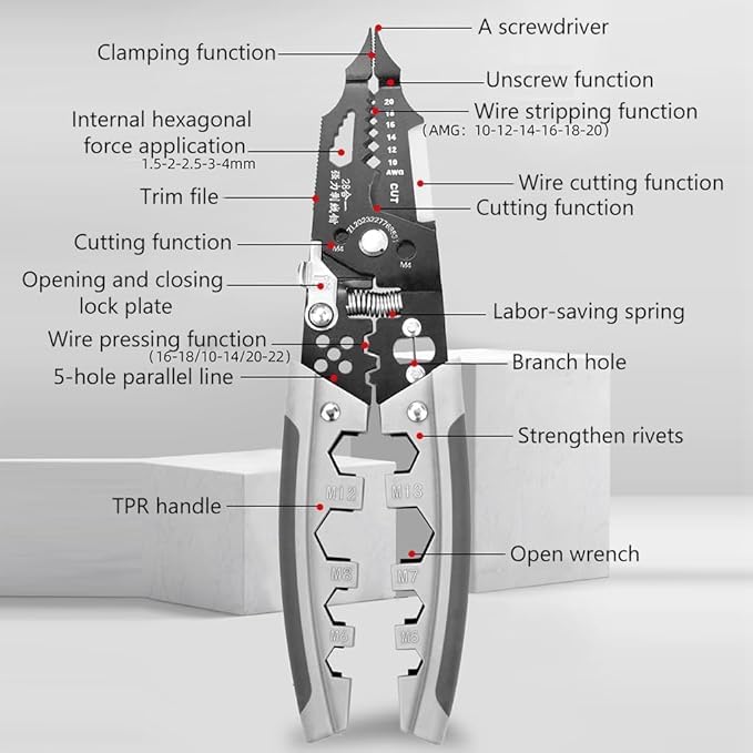 AJIGNA MART New Upgrade Multifunctional Wire Stripper Crimper Cable Cutter Pliers Professional Wire Stripping Tool with Elbow Electrician Pliers Tools and Cable Stripper for Cutting Stripping Shearing - Image 3
