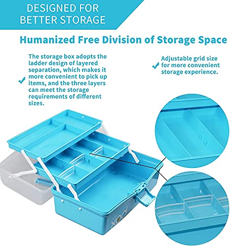 JUGTE Plastic 3-Layer Multipurpose Tools Storage Box Organizer Handled Storage Case for Art Craft Cosmetic Sewing Supplies Organizer Medicine Box Family First Aid Box with Handle (Blue) - Image 4