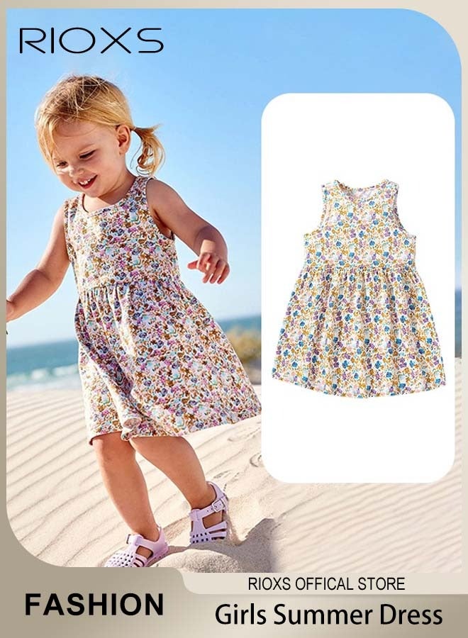 RIOXS Girls Floral Printed A Line Dress, Colorful Round Neck Sleeveless Dress, Wonderful Summer Dresses for Girls, Comfortable to Wear, Great Gift Choice for Girls  - Image 1