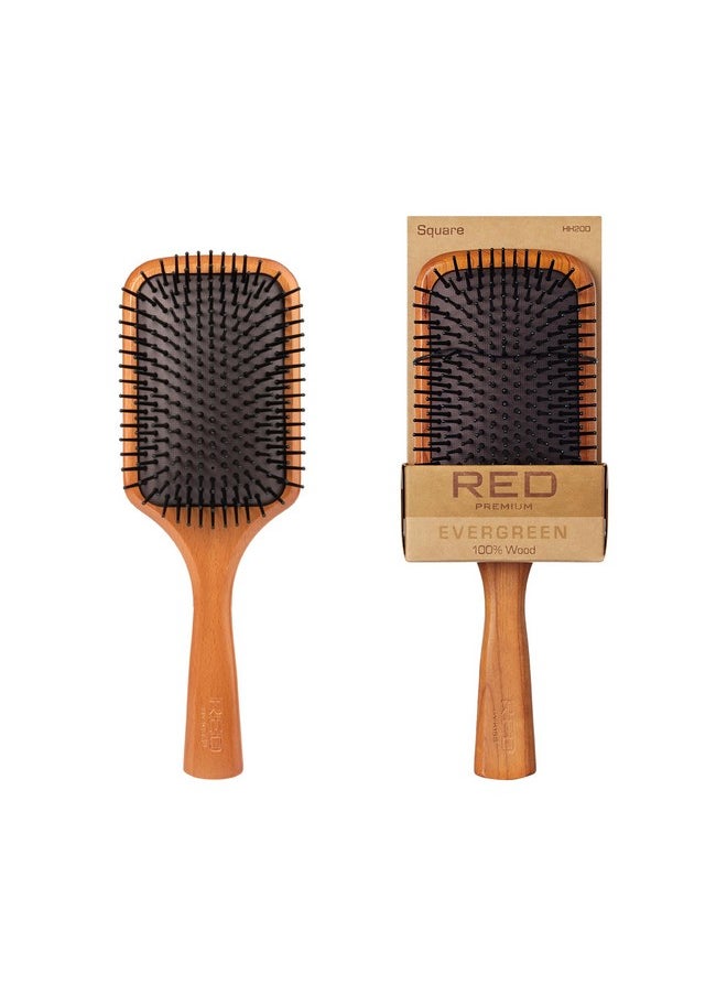 Red by Kiss Red by Kiss Evergreen Wooden Square Paddle Hair Brush, 100% Beechwood, Long Bristles, Detangling, For All Hair Types, Sustainable, Painless Detangling, Air Ventilation Hole, Wet Dry Hair, Unisex  - Image 1