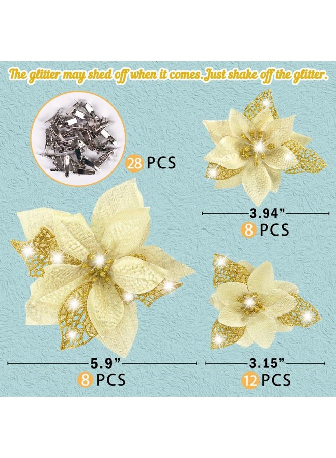 Geefuun 28PCS Christmas Tree Decorations: Poinsettias Artificial Flowers Ornaments Xmas Gold Glitter Flower with Clips - Image 4