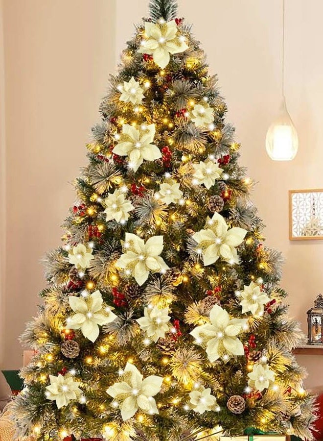 Geefuun 28PCS Christmas Tree Decorations: Poinsettias Artificial Flowers Ornaments Xmas Gold Glitter Flower with Clips - Image 1