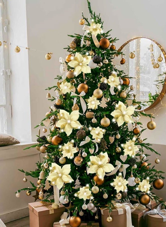 Geefuun 28PCS Christmas Tree Decorations: Poinsettias Artificial Flowers Ornaments Xmas Gold Glitter Flower with Clips - Image 3