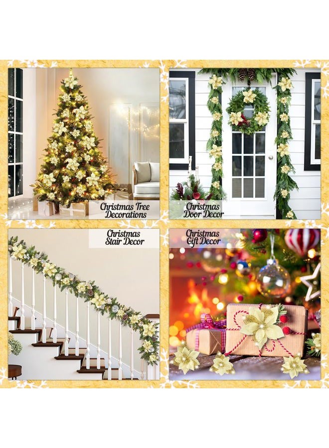 Geefuun 28PCS Christmas Tree Decorations: Poinsettias Artificial Flowers Ornaments Xmas Gold Glitter Flower with Clips - Image 2