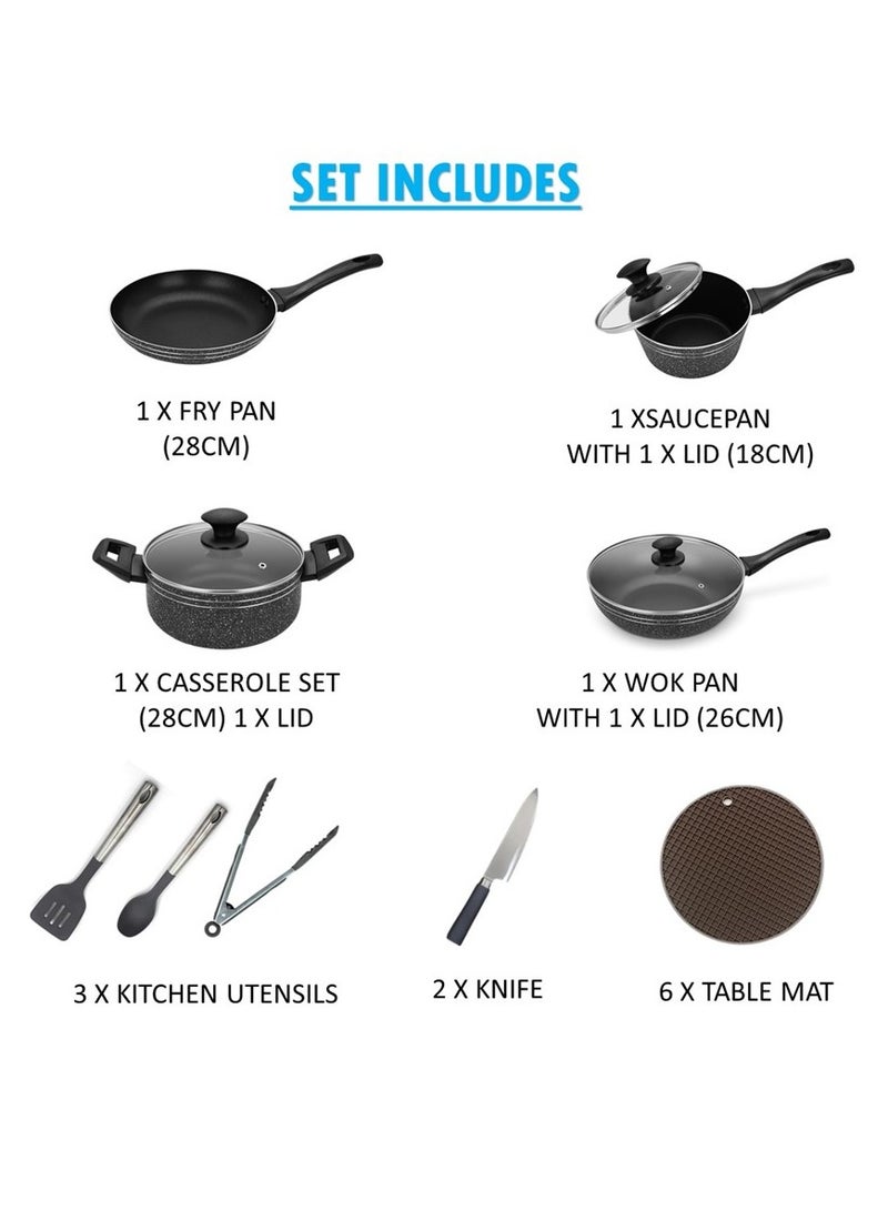 Auroware 20 Piece Non Stick Cookware Set Induction Bottom Frying Wok Pan Sauce pan Casserole Glass with Lid Table mat Kitchen Utensils Knife - Image 2