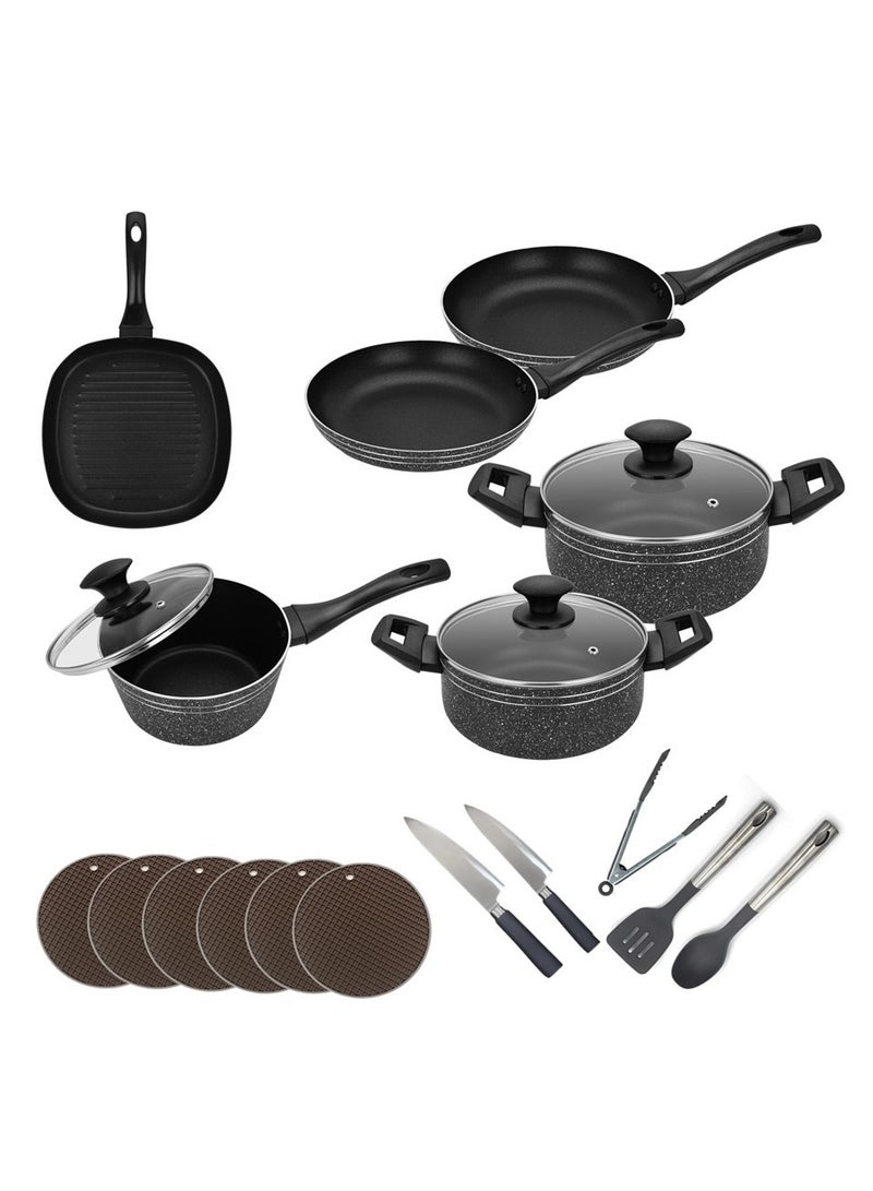 Auroware 20 Piece Non Stick Cookware Set Induction Bottom Frying Wok Pan Sauce pan Casserole Glass with Lid Table mat Kitchen Utensils Knife - Image 1