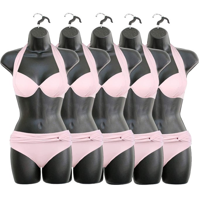 FEMALE MANNEQUIN HIP LONG TORSO HOLLOW BACK BODY STACKABLE DRESS FORM WITH HANGING HOOK FOR TSHIRT DISPLAY COUNTERTOP CRAFT SHOW PHOTOS AND DESIGN SM CLOTHING SIZE BLACK SET OF 5