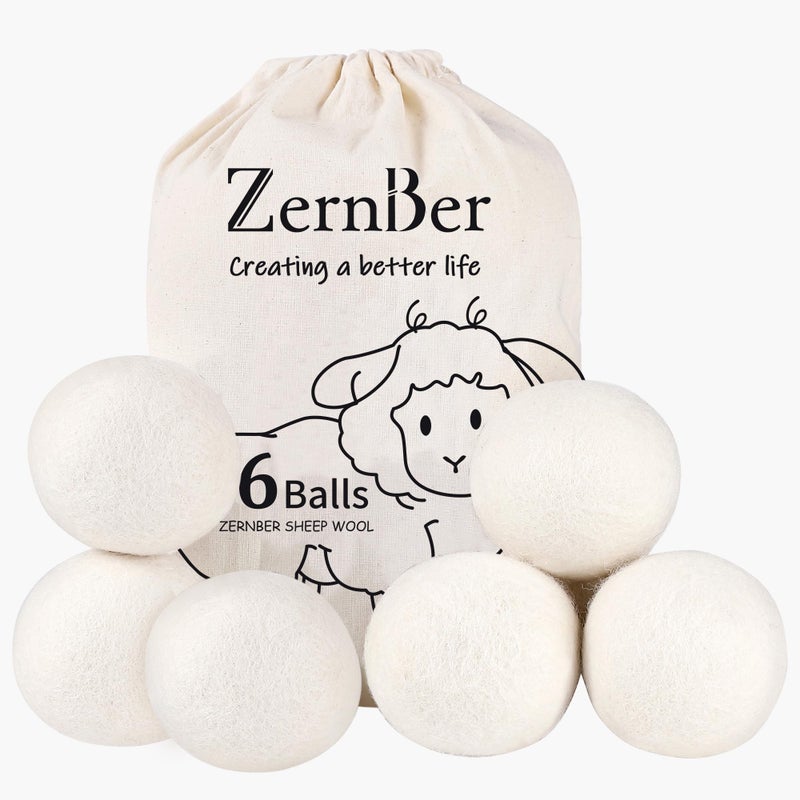 كرات تجفيف الصوف ZERNBER XL 6Pack كرات تجفيف الملابس قابلة لإعادة الاستخدام تقلل تجاعيد الملابس وتجفف الملابس بشكل أسرع