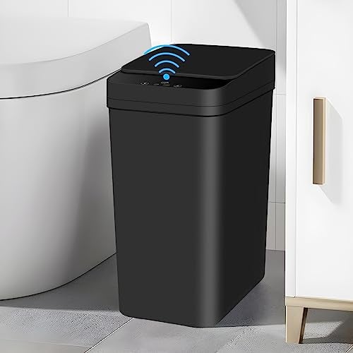 Anborry Bathroom Automatic Trash Can 4 Gallon Touchless Motion Sensor Small Garbage Can with Lid Smart Electric Plastic Narrow Garbage Bin for Living Room Bedroom Office Kitchen (Black) - Image 1