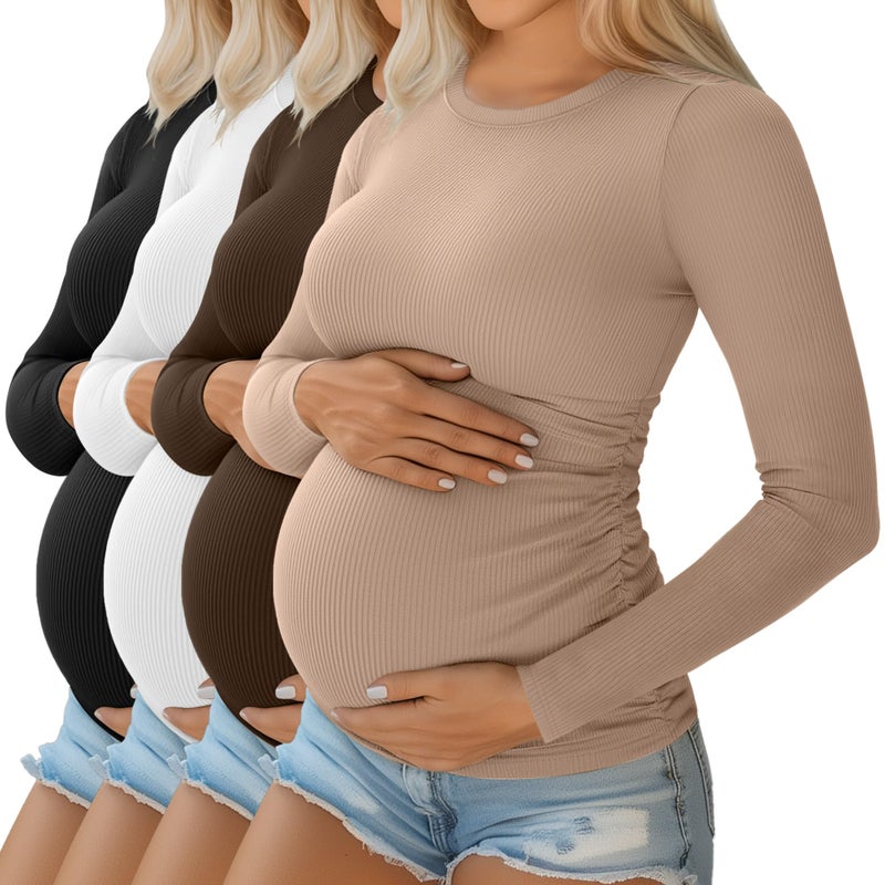 Ficerd 4 Pack Women's Maternity Shirts Cotton Long Sleeve Ribbed Crew Neck Pregnancy Tops Side Ruched Casual Mama Clothes(Black, White, Coffee, Khaki,Medium) - Image 1