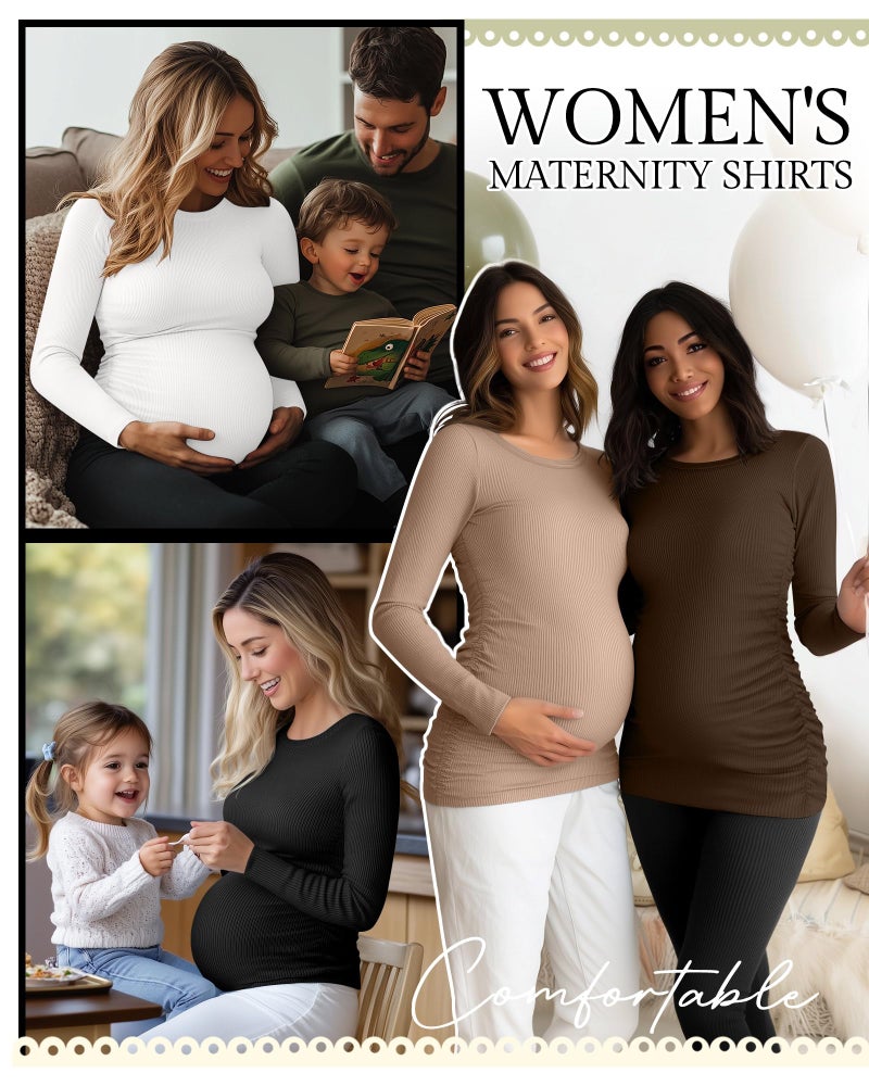 Ficerd 4 Pack Women's Maternity Shirts Cotton Long Sleeve Ribbed Crew Neck Pregnancy Tops Side Ruched Casual Mama Clothes(Black, White, Coffee, Khaki,Medium) - Image 5