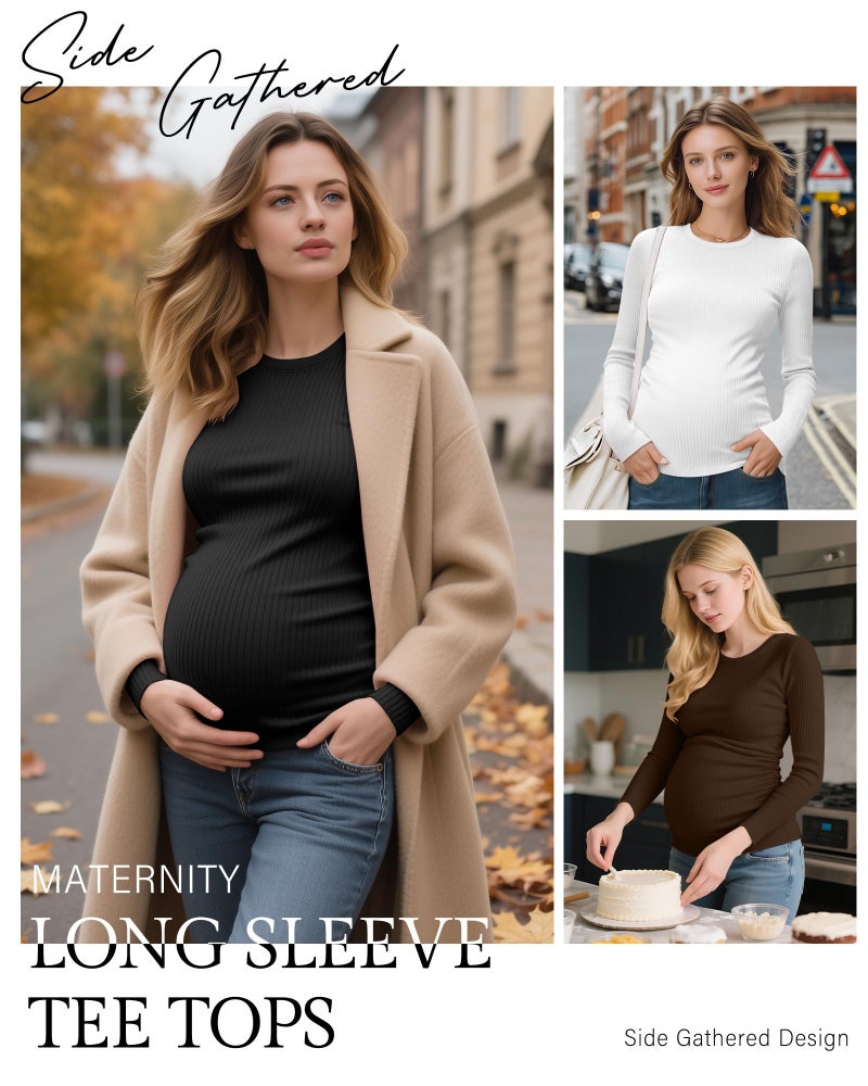 Ficerd 4 Pack Women's Maternity Shirts Cotton Long Sleeve Ribbed Crew Neck Pregnancy Tops Side Ruched Casual Mama Clothes(Black, White, Coffee, Khaki,Medium) - Image 4