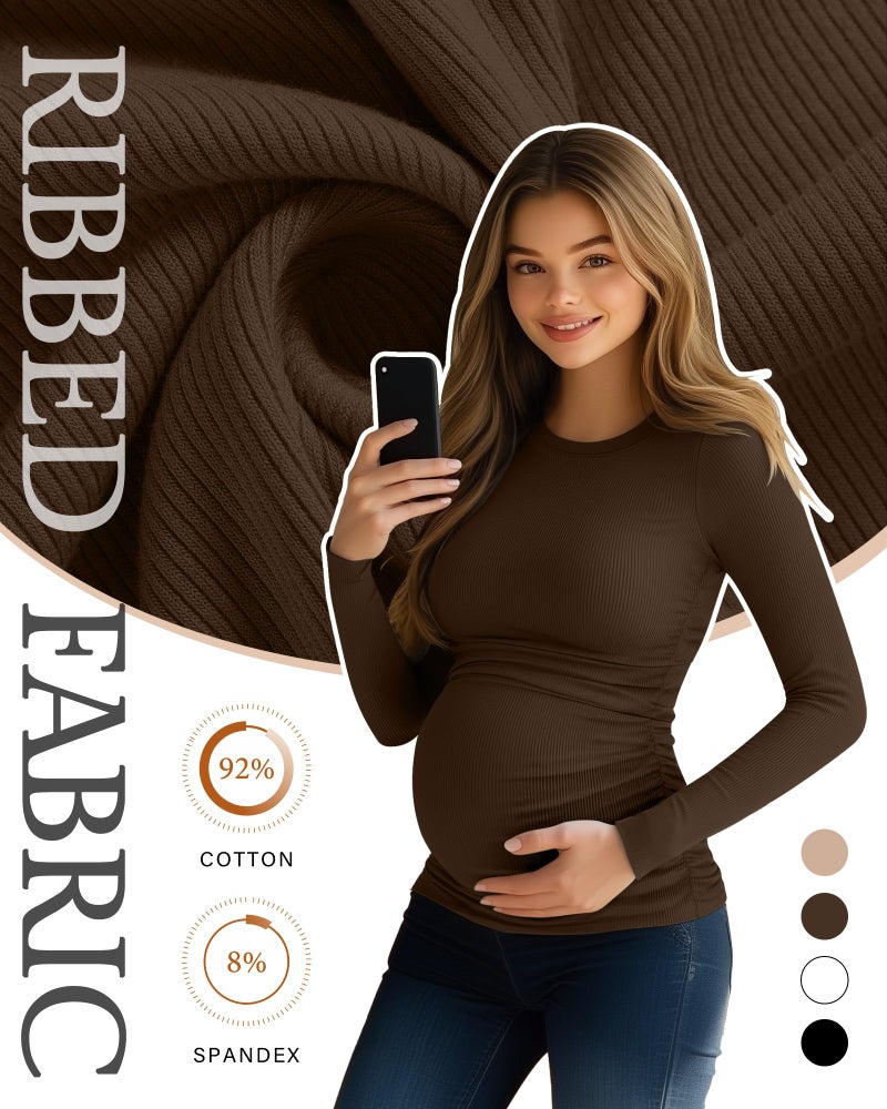 Ficerd 4 Pack Women's Maternity Shirts Cotton Long Sleeve Ribbed Crew Neck Pregnancy Tops Side Ruched Casual Mama Clothes(Black, White, Coffee, Khaki,Medium) - Image 2