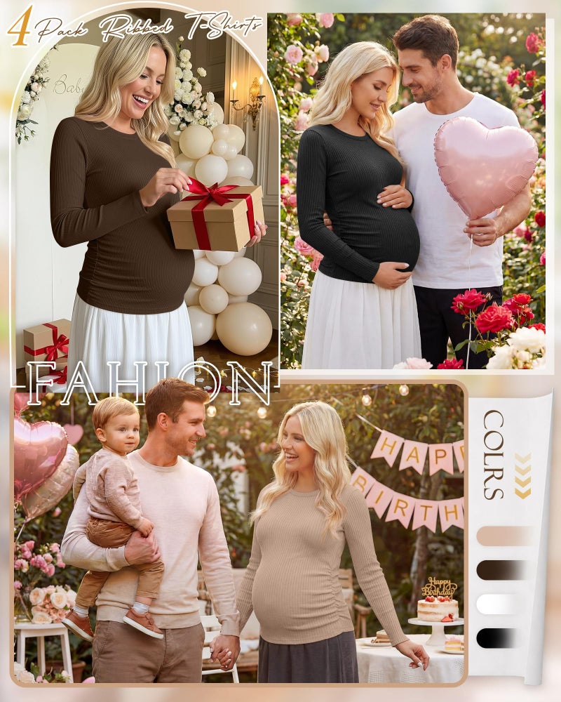 Ficerd 4 Pack Women's Maternity Shirts Cotton Long Sleeve Ribbed Crew Neck Pregnancy Tops Side Ruched Casual Mama Clothes(Black, White, Coffee, Khaki,Medium) - Image 3