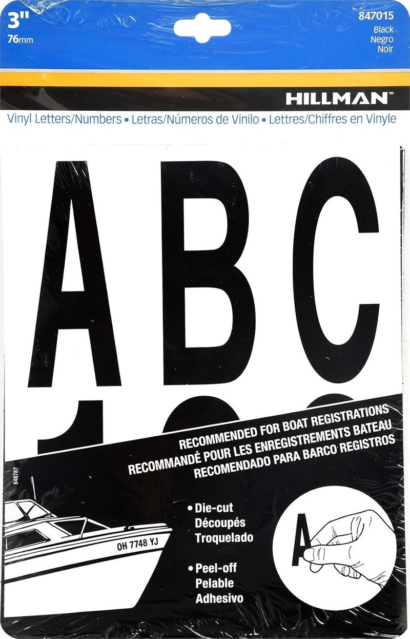 Hillman 847015 Black Vinyl Die-Cut Letters and Numbers Kit, 3-Inch Self-Adhesive for Boat Registration - Image 1