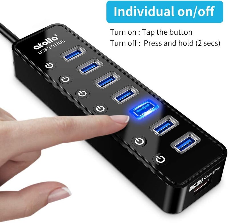 atolla Powered USB Hub 3.0, 7-Port USB Data Hub Splitter with One Smart Charging Port and Individual On/Off Switches and 5V/4A Power Adapter USB Extension for MacBook, Mac Pro/Mini and More. - Image 3