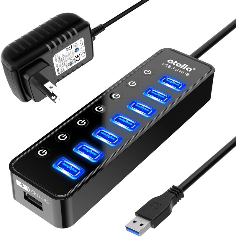 atolla Powered USB Hub 3.0, 7-Port USB Data Hub Splitter with One Smart Charging Port and Individual On/Off Switches and 5V/4A Power Adapter USB Extension for MacBook, Mac Pro/Mini and More. - Image 1