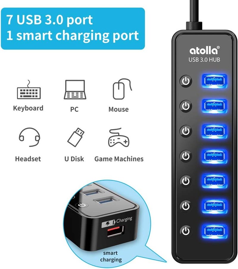 atolla Powered USB Hub 3.0, 7-Port USB Data Hub Splitter with One Smart Charging Port and Individual On/Off Switches and 5V/4A Power Adapter USB Extension for MacBook, Mac Pro/Mini and More. - Image 2
