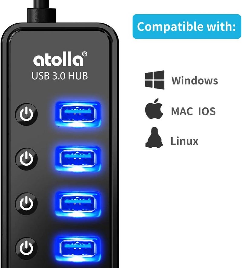 atolla Powered USB Hub 3.0, 7-Port USB Data Hub Splitter with One Smart Charging Port and Individual On/Off Switches and 5V/4A Power Adapter USB Extension for MacBook, Mac Pro/Mini and More. - Image 4