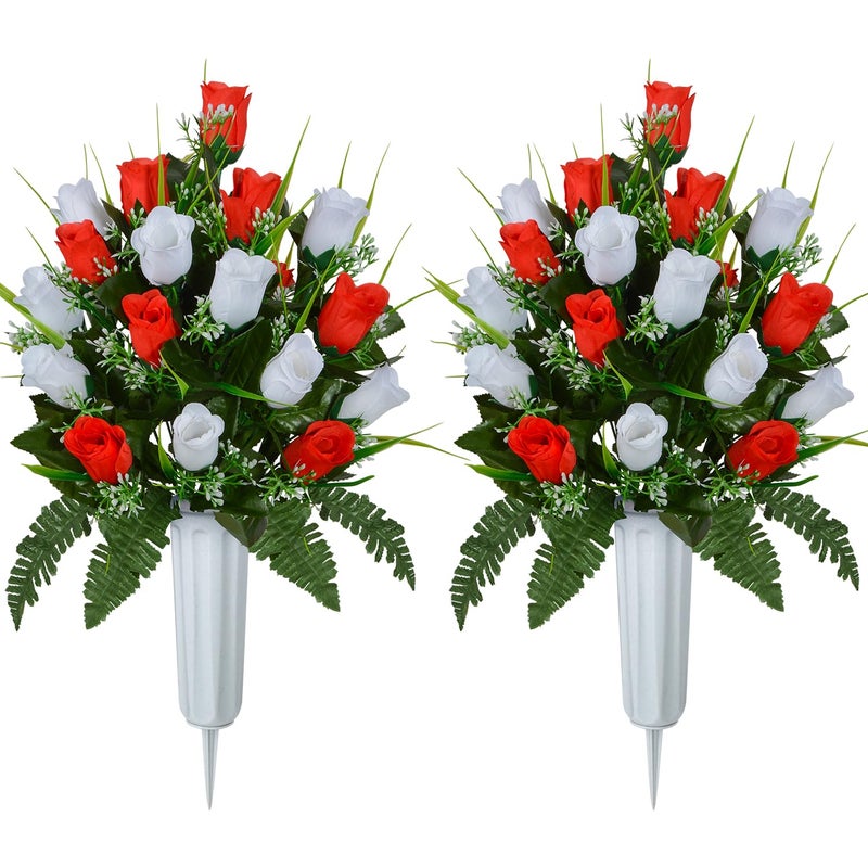 XONOR Artificial Cemetery Flowers Grave Decorations Roses Memorial Flowers Bouquet with Cemetery Vase 2 Sets White Red