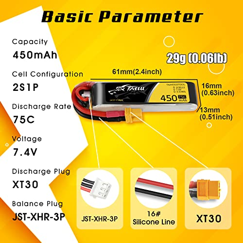 Tattu 4 Packs 450mAh 7.4V 75C 2S LiPo Battery Pack with XT30 Plug - Long Size for H Frame and BETAFPV 2S Whoop - Image 2