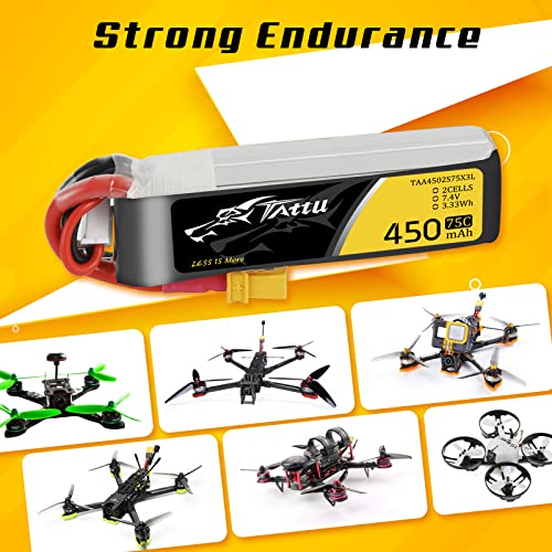 Tattu 4 Packs 450mAh 7.4V 75C 2S LiPo Battery Pack with XT30 Plug - Long Size for H Frame and BETAFPV 2S Whoop - Image 4