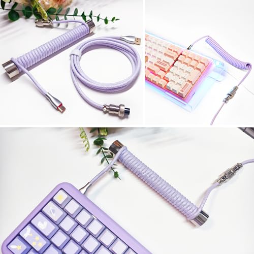 UCINNOVATE كابل لوحة المفاتيح الملفوف UCINNOVATE، كابل USB C مخصص ملفوف احترافي للوحة المفاتيح للألعاب، كابل لوحة مفاتيح ميكانيكية مزدوجة الأكمام مع موصل معدني قابل للفصل، 1.8م USB-C إلى USB-A (أرجواني) - Image 2