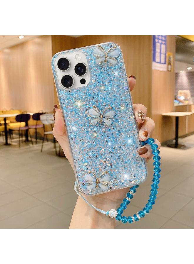 اس-توب جراب لهاتف iPhone 12 Pro مصنوع من مادة TPU الإيبوكسي المرصعة بالترتر من اليشم والفراشة مع حزام - Image 1