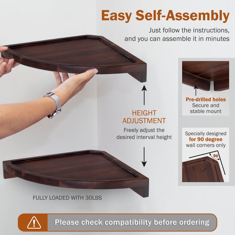 Demigo Floating Round Corner Shelves for Wall 2pcs, Acacia Wood Wall-Mounted Storage Shelves for Home Decor, Space Saving Displays for Living Room, Kitchen, Office, and Bedroom (Dark Brown) - Image 4