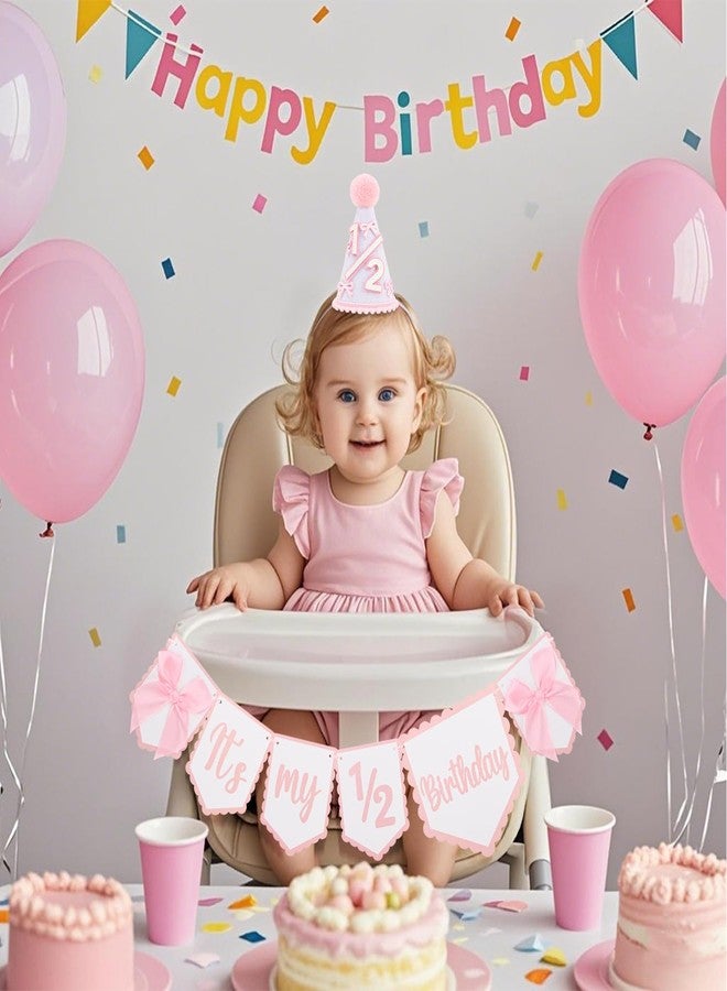SuPoo 1/2 Birthday Decorations High Chair Banner and Hat Pink Bow Half Birthday Crown Headband Outfit Chair Skirt 6 Month Photo Backdrop Banner Half Way to One Party Decorations - Image 1