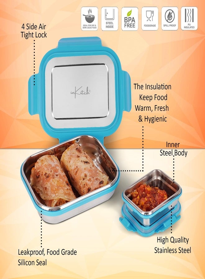 inKitch Leak-Proof Lunch Box for Kids | Air Tight Blue Tiffin Box | Stainless Steel Tiffin Box for Kids, Adults, Office, School, and Picnic/Food Grade/Easy to Carry (750ml 1pc + 120ml 1 Pc) - Image 3