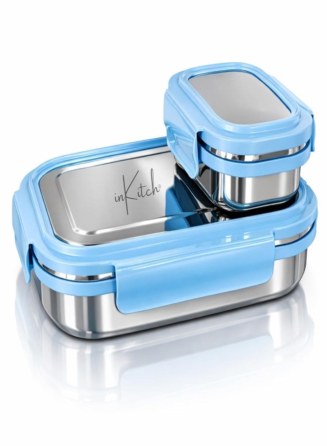 inKitch Leak-Proof Lunch Box for Kids | Air Tight Blue Tiffin Box | Stainless Steel Tiffin Box for Kids, Adults, Office, School, and Picnic/Food Grade/Easy to Carry (750ml 1pc + 120ml 1 Pc) - Image 1