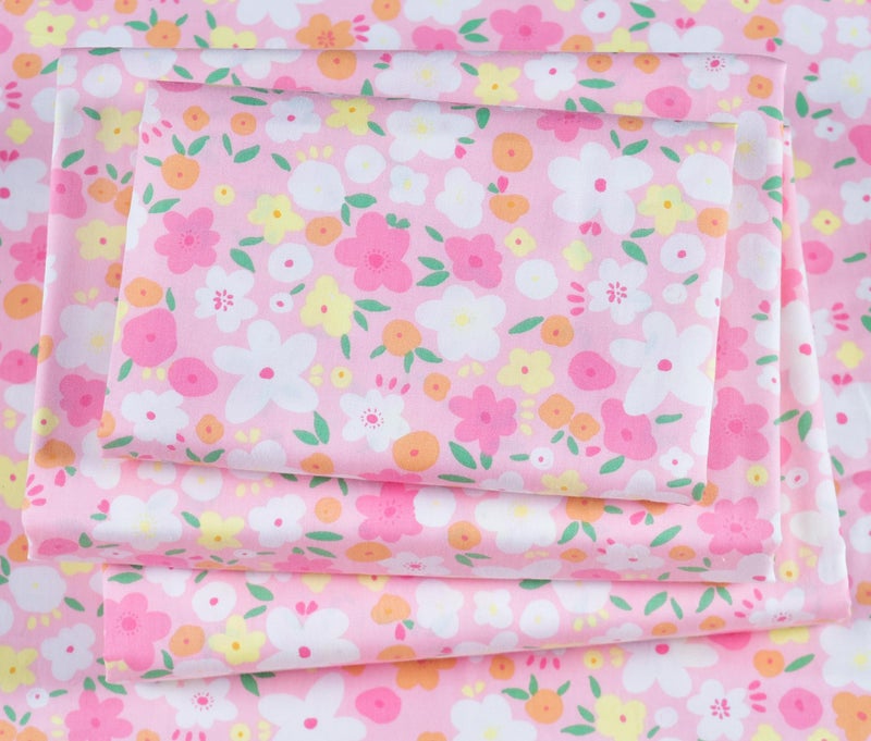 J-pinno Pink Floral Flower Cartoon 100% Cotton Twin 3 Pieces Sheet Set Decoration Kids Boys Girls Children Flat Sheet + Fitted Sheet + Pillowcase Bedding Set - Image 1