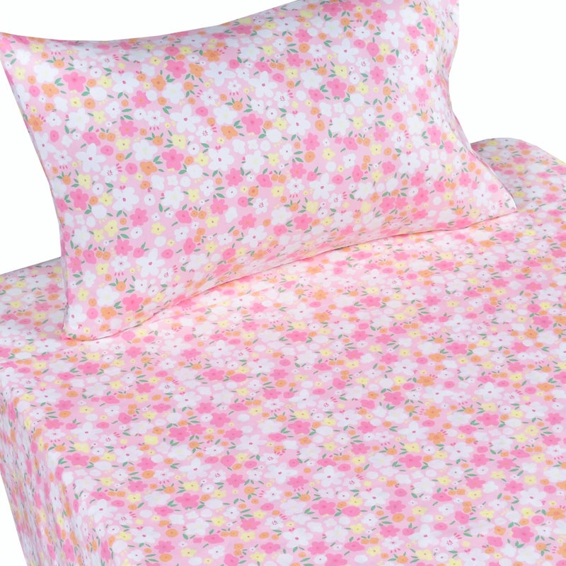 J-pinno Pink Floral Flower Cartoon 100% Cotton Twin 3 Pieces Sheet Set Decoration Kids Boys Girls Children Flat Sheet + Fitted Sheet + Pillowcase Bedding Set - Image 2
