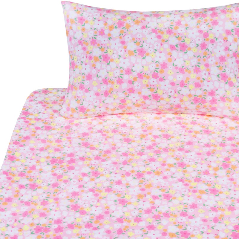 J-pinno Pink Floral Flower Cartoon 100% Cotton Twin 3 Pieces Sheet Set Decoration Kids Boys Girls Children Flat Sheet + Fitted Sheet + Pillowcase Bedding Set - Image 3