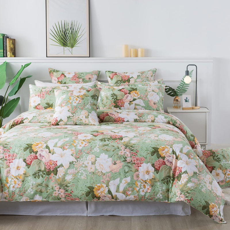 FADFAY FADFAY Mint Green Floral Duvet Cover Set 100 Cotton Farmhouse Bedding Elegant Lily Print Botanical Bed Cover Countryside Girl Bedding 3 Piece KingCal King106x92 