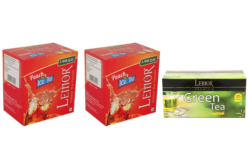 LEMOR Combo Pack of 2 Lemor Peach Ice Tea (10 Sachet Pack) and Tulsi Green Tea 1 x 25 Tea Bag - Image 1