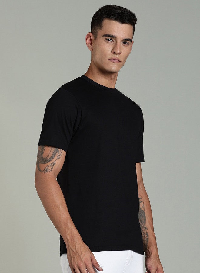 OUTLAWS Men's Solid Round Neck Cotton T-Shirt in Black | Color Lock Technology | No Shrinkage | Soft, Breathable & Comfortable Casual Wear - Image 3