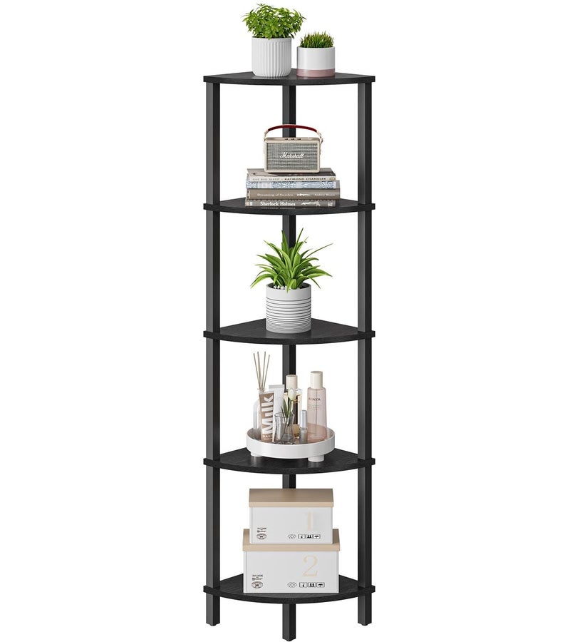 VIMBER Corner Shelf, 5-Tier Corner Bookshelf, Industrial Corner Ladder Shelf, Modern Display Shelf for Living Room, Bedroom, Kitchen, Home Office, Black UJSJ001B - Image 1