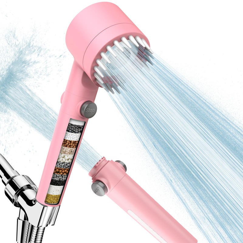 PWERAN Filtered Shower Head with Handheld, High Pressure Water Flow and Multiple Spray Modes Shower Head with Filter, Power Wash for Hard Water, Showerhead with ON/OFF Switch for Pets Bath (Pink) - Image 1