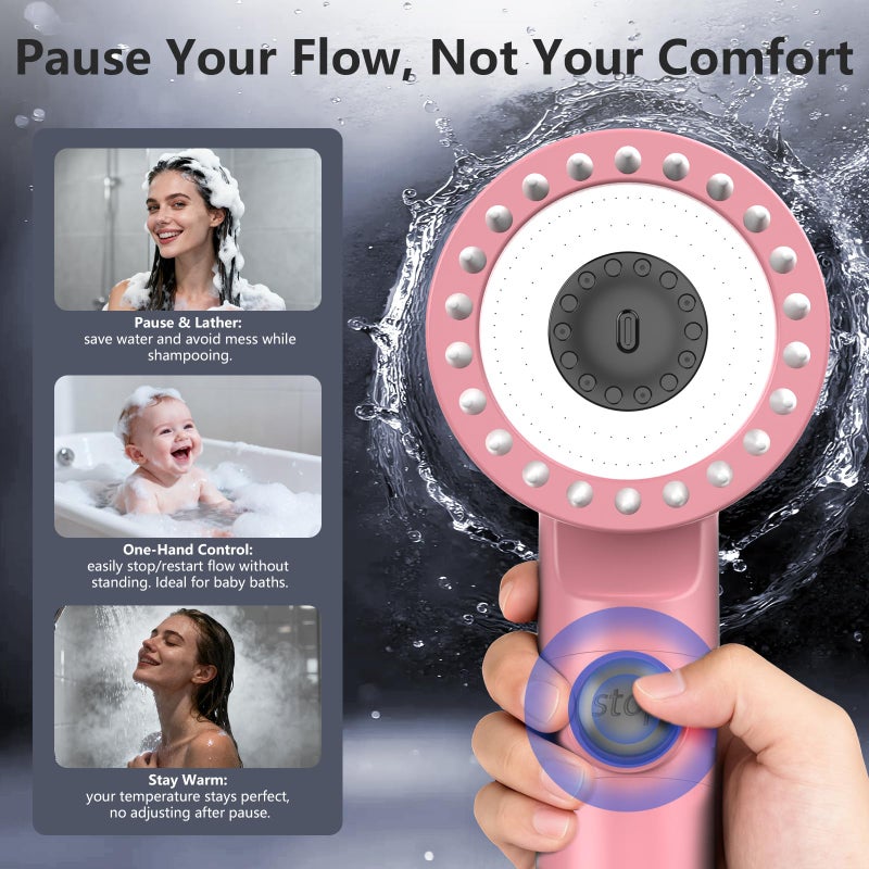 PWERAN Filtered Shower Head with Handheld, High Pressure Water Flow and Multiple Spray Modes Shower Head with Filter, Power Wash for Hard Water, Showerhead with ON/OFF Switch for Pets Bath (Pink) - Image 5