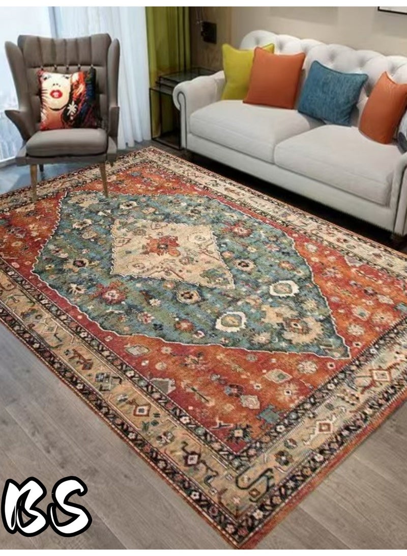 BS 140x200cm Bohemian Vintage Style Indoor Living Room/Outdoor Camping Blanket | Washable, Durable, Non-Slip Rug | Short Pile Indoor Carpet | Vibrant Colors | Exquisite Pattern | Soft Short Pile | Perfect for Camping, Patio, Living Room, Bedroom, Dining Room, Kitchen and Entryway. - Image 2